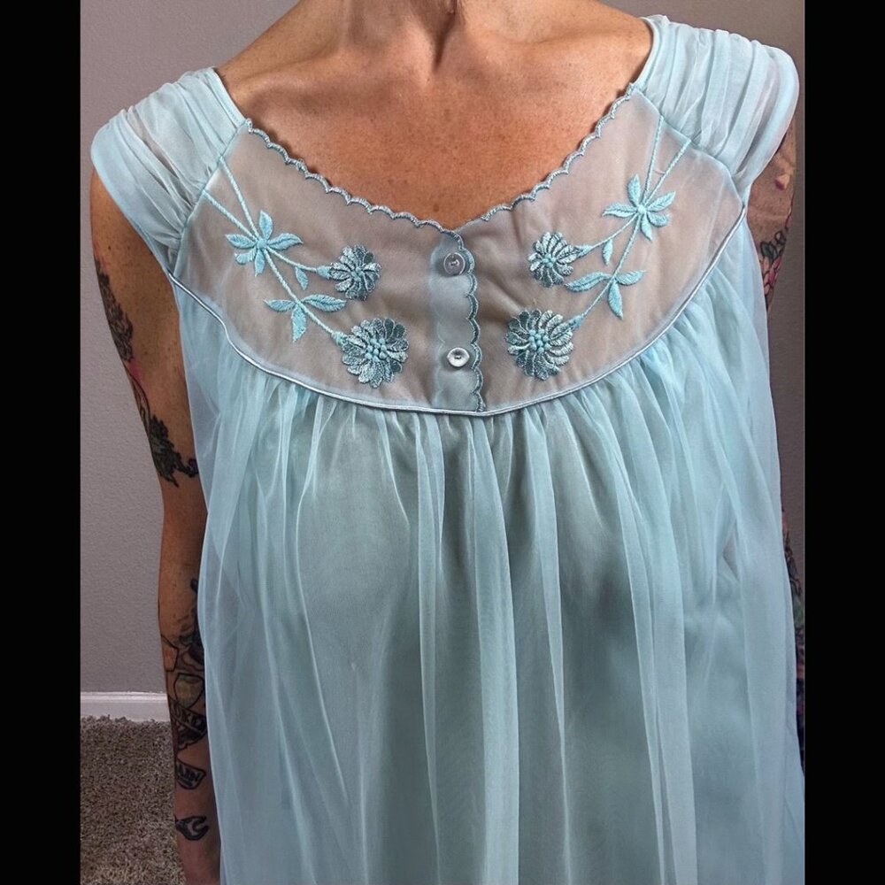 60s Bright Blue Babydoll Double Layer Lingerie Embroidered Floral Mod Pinup M L - Picture 5 of 15